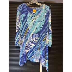 Ruby Rd Woman Tunic Top Womens 2X Blue Tropical Leaf Print 3/4 Sleeve Casual